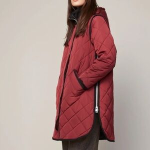 SOSKEN STUDIOS Oversized Gemma Funnel Neck Quilted Coat Ox Blood side zips Sz 0